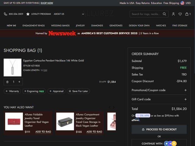 Allurez checkout page showing Allurez promo code box | Screenshot taken by SimplyCodes community member on Jul 19, 2025