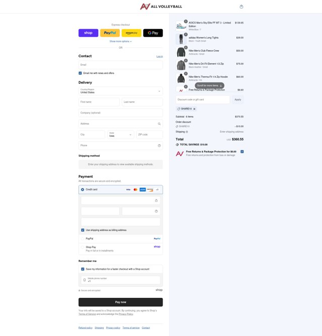 All Volleyball checkout page showing All Volleyball discount code box | Screenshot taken by SimplyCodes community member on Sep 8, 2025