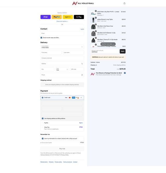 All Volleyball checkout page showing All Volleyball discount code box | Screenshot taken by SimplyCodes community member on Sep 8, 2025
