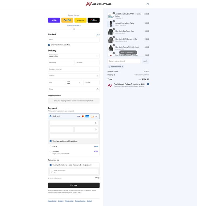 All Volleyball checkout page showing All Volleyball discount code box | Screenshot taken by SimplyCodes community member on Sep 8, 2025