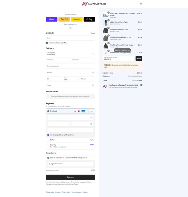 All Volleyball checkout page showing All Volleyball discount code box | Screenshot taken by SimplyCodes community member on Sep 8, 2025