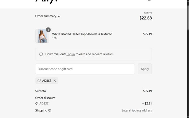 Ally Fashion checkout page showing Ally Fashion discount code box | Screenshot taken by SimplyCodes community member on Aug 26, 2025