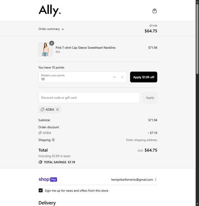 Ally Fashion checkout page showing Ally Fashion discount code box | Screenshot taken by SimplyCodes community member on Aug 28, 2025