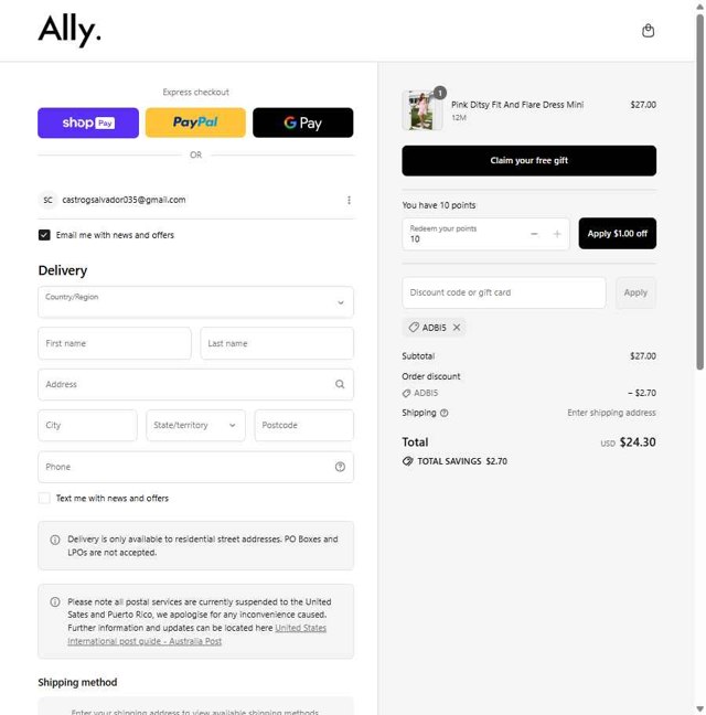Ally Fashion checkout page showing Ally Fashion discount code box | Screenshot taken by SimplyCodes community member on Aug 28, 2025