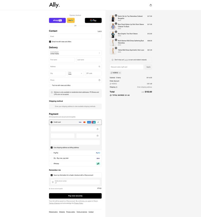 Ally Fashion checkout page showing Ally Fashion discount code box | Screenshot taken by SimplyCodes community member on Aug 25, 2025