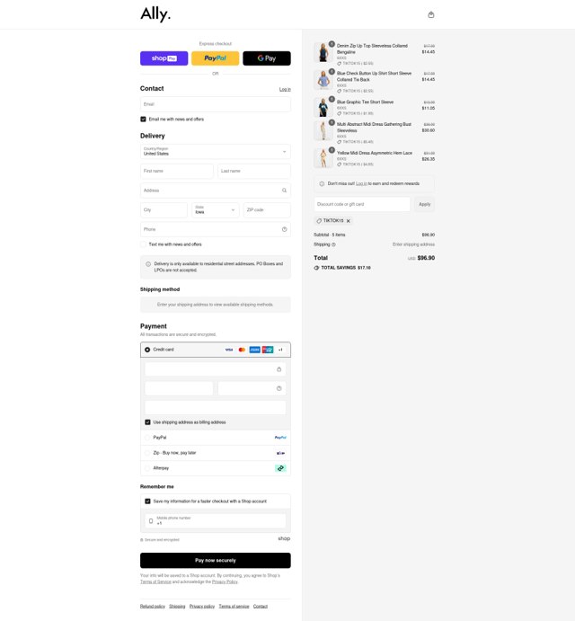 Ally Fashion checkout page showing Ally Fashion discount code box | Screenshot taken by SimplyCodes community member on Aug 25, 2025