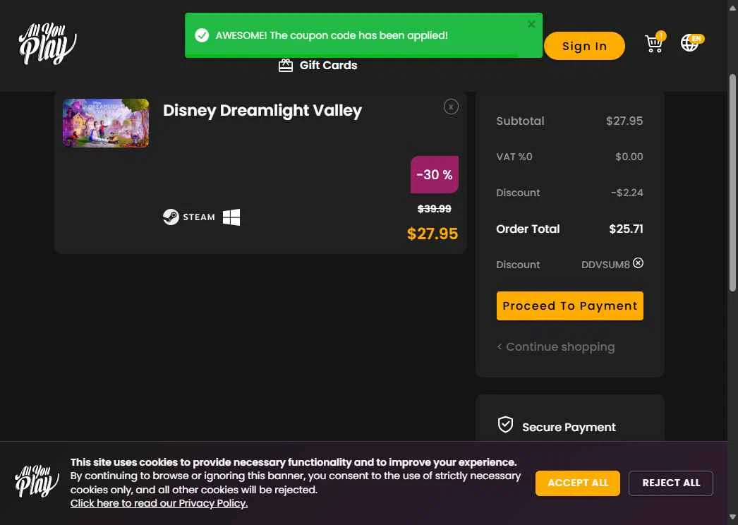 AllYouPlay checkout page showing AllYouPlay discount code box | Screenshot taken by SimplyCodes community member on Oct 8, 2025