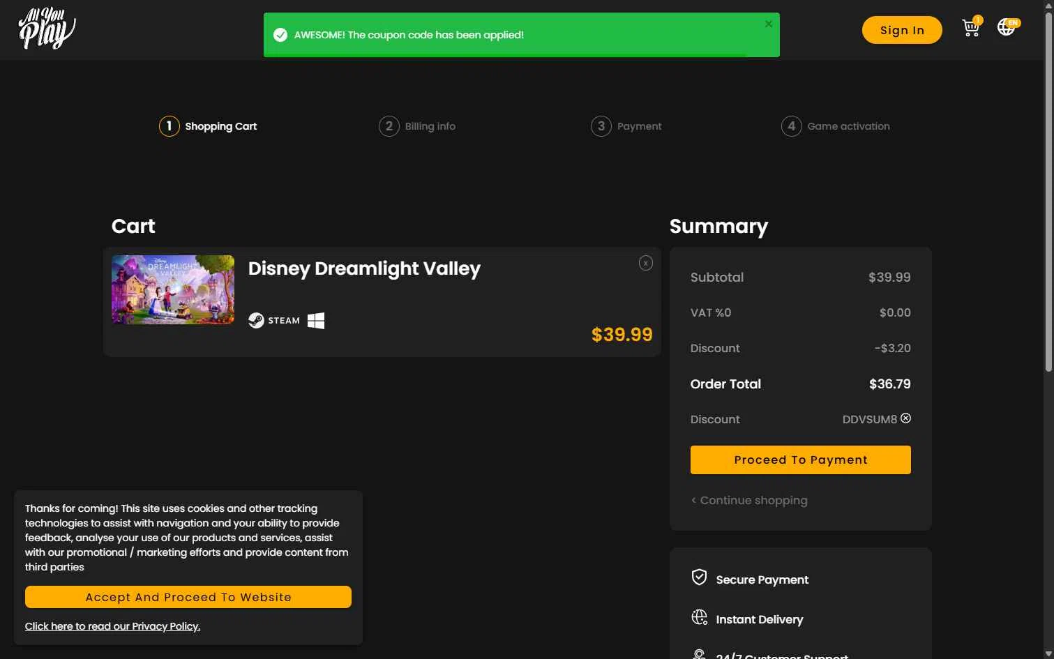 AllYouPlay checkout page showing AllYouPlay discount code box | Screenshot taken by SimplyCodes community member on Sep 16, 2025