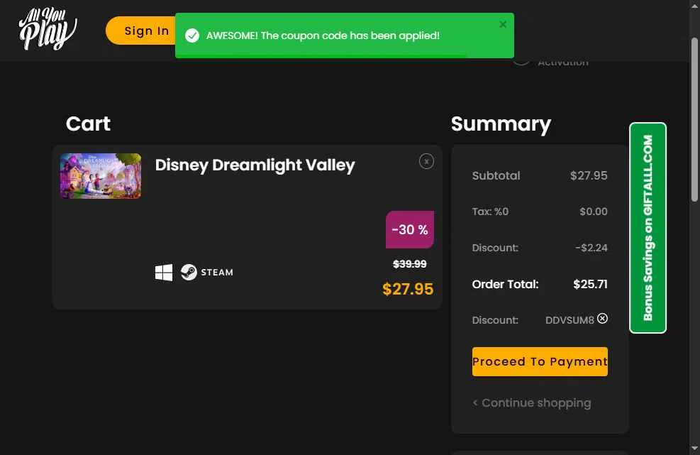 AllYouPlay checkout page showing AllYouPlay discount code box | Screenshot taken by SimplyCodes community member on Nov 5, 2025