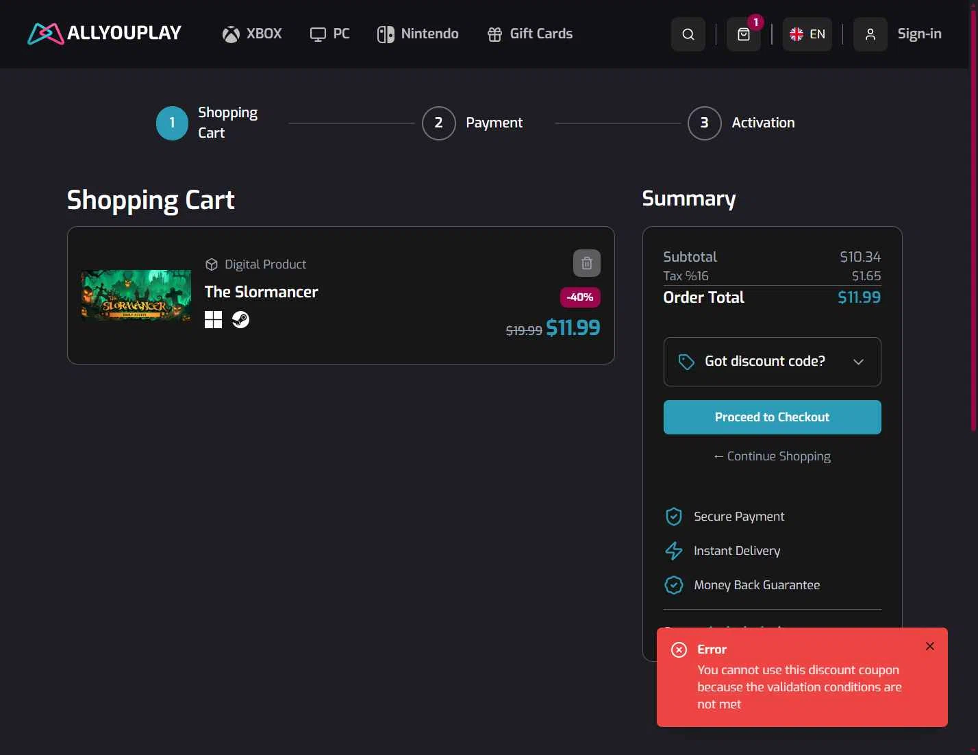 AllYouPlay checkout page showing AllYouPlay discount code box | Screenshot taken by SimplyCodes community member on Nov 21, 2025
