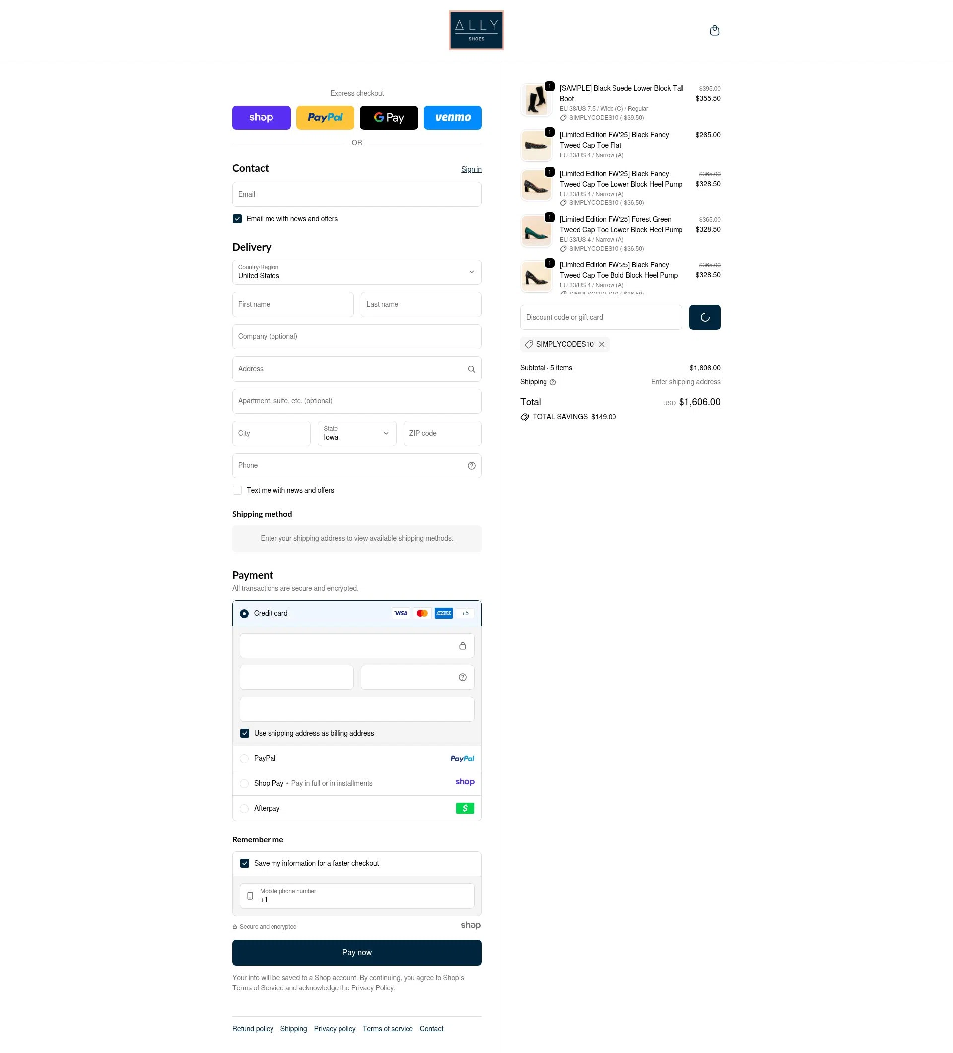 Ally Shoes checkout page showing Ally Shoes discount code box | Screenshot taken by SimplyCodes community member on Dec 17, 2025