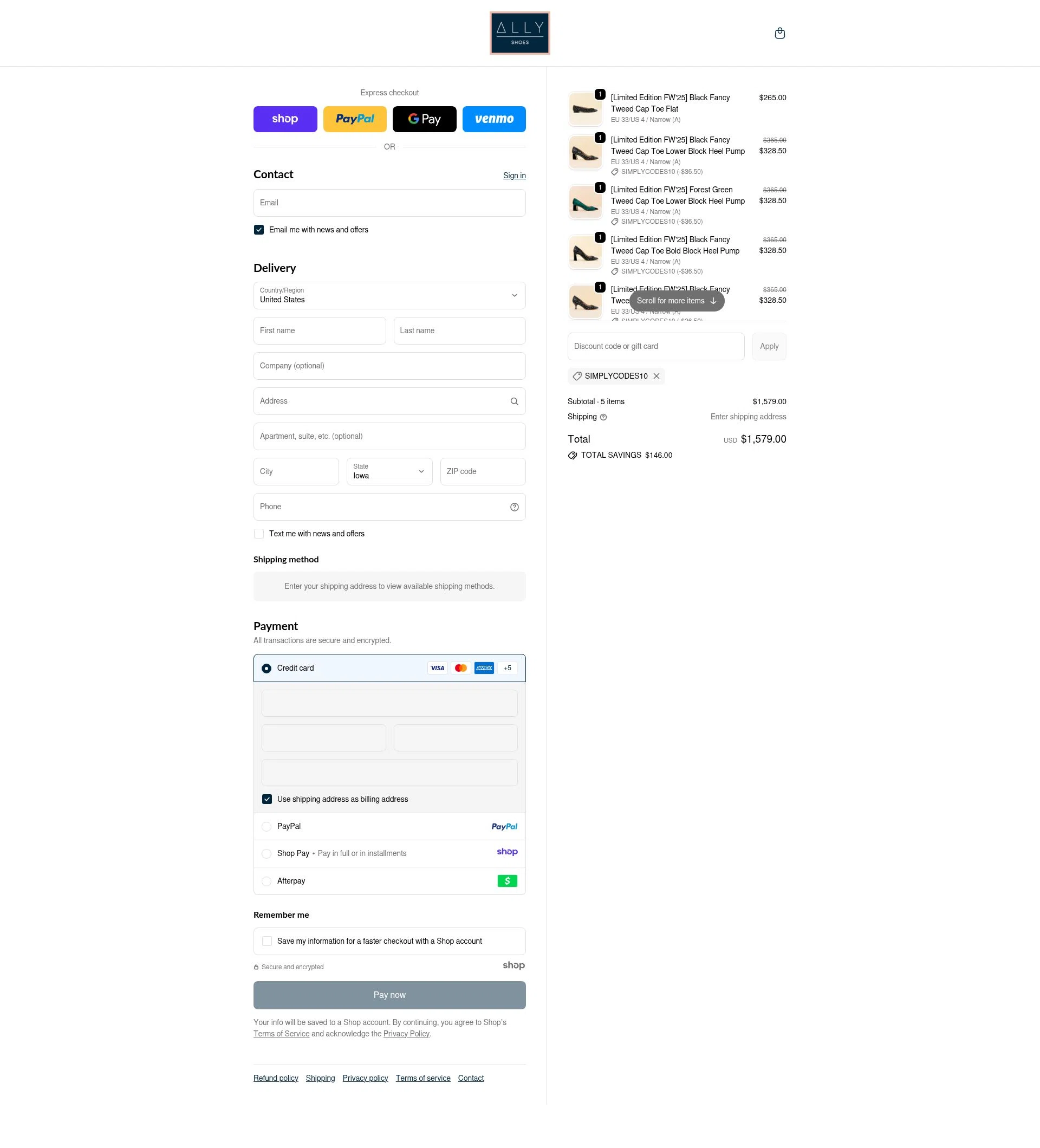 Ally Shoes checkout page showing Ally Shoes discount code box | Screenshot taken by SimplyCodes community member on Nov 25, 2025