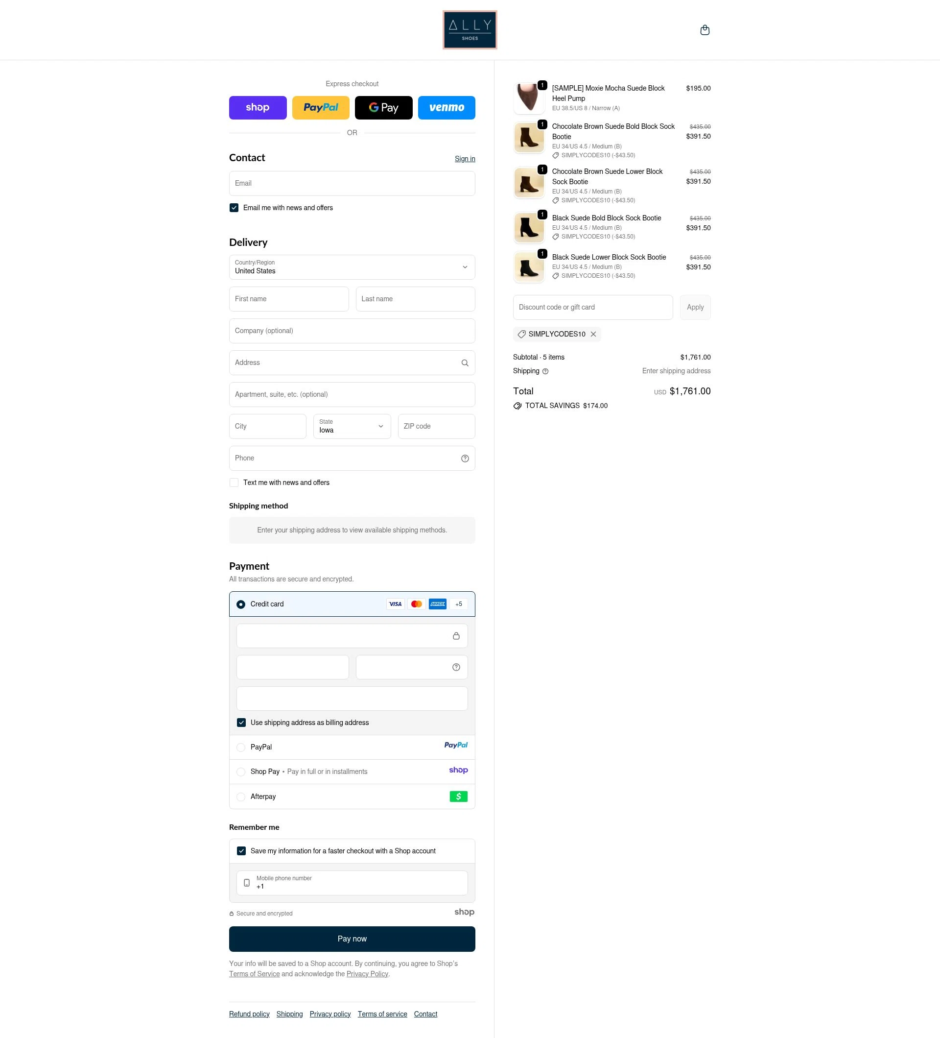 Ally Shoes checkout page showing Ally Shoes discount code box | Screenshot taken by SimplyCodes community member on Oct 28, 2025