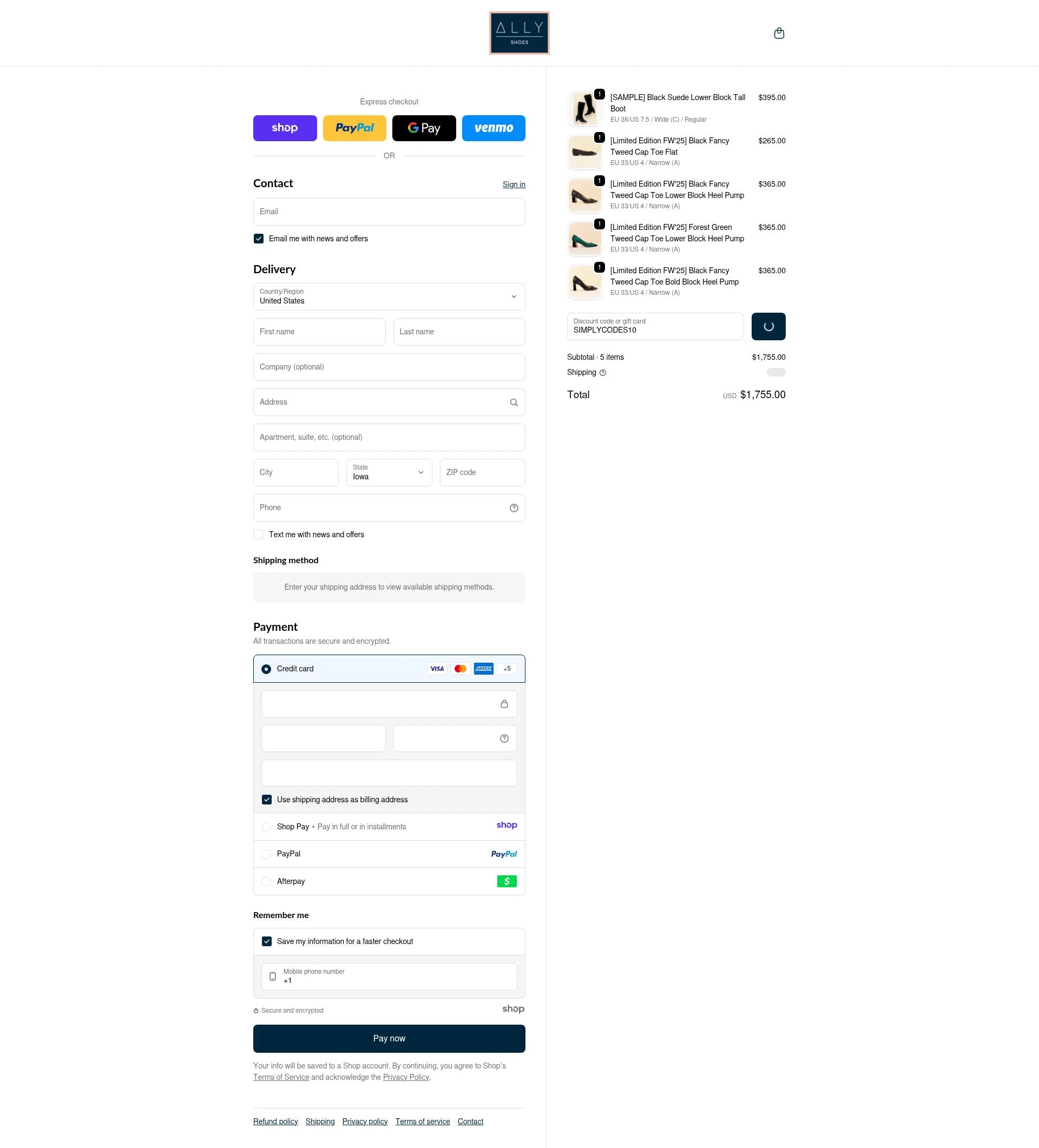Ally Shoes checkout page showing Ally Shoes discount code box | Screenshot taken by SimplyCodes community member on Dec 24, 2025