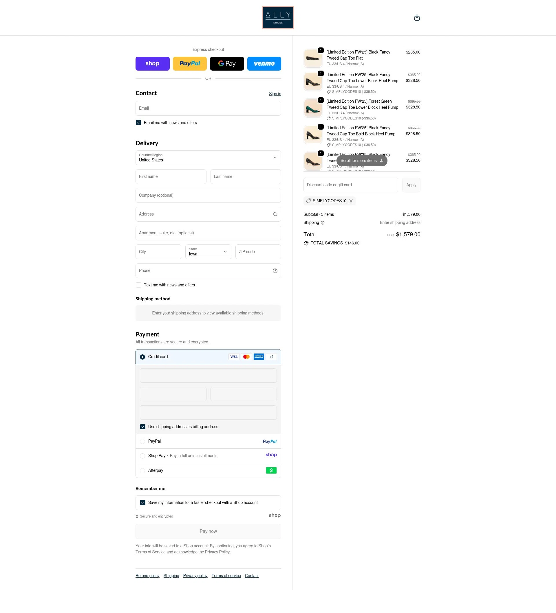 Ally Shoes checkout page showing Ally Shoes discount code box | Screenshot taken by SimplyCodes community member on Dec 6, 2025