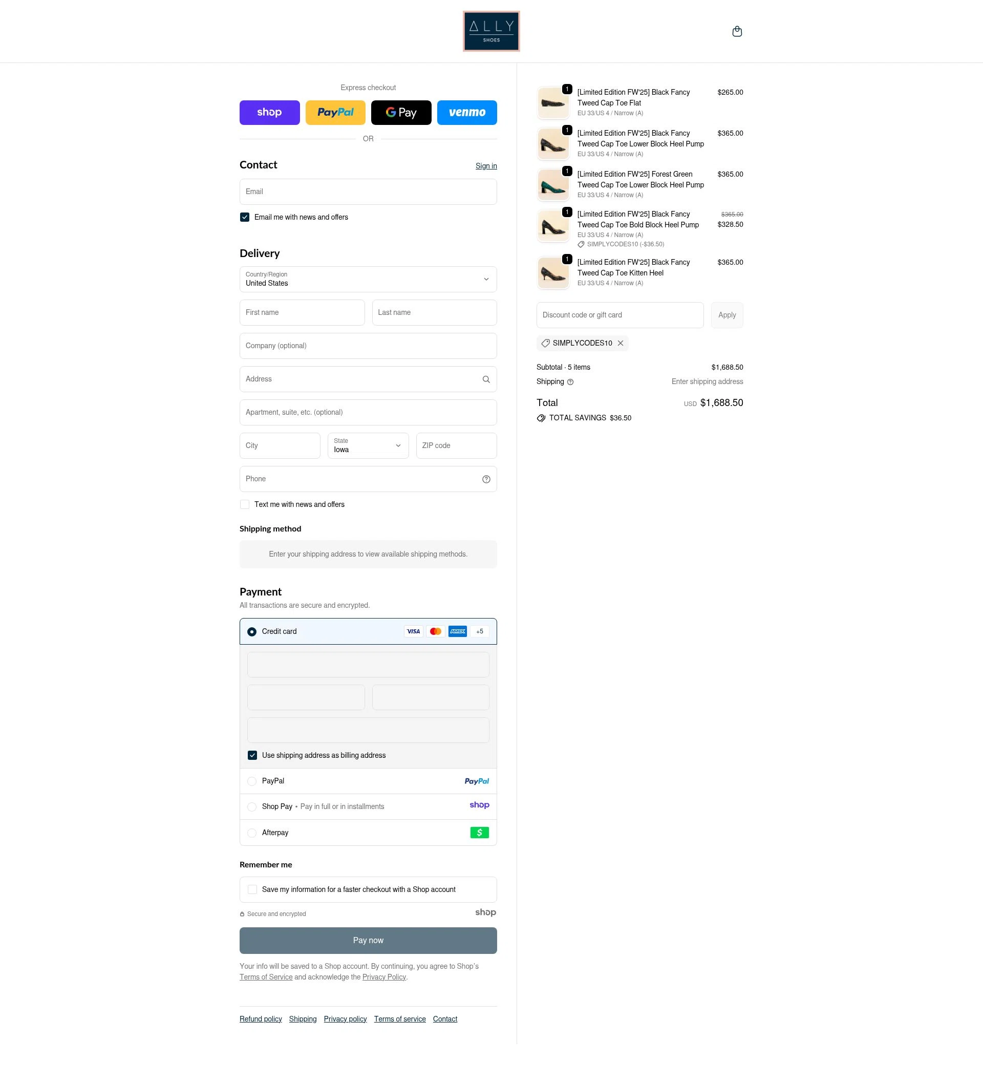 Ally Shoes checkout page showing Ally Shoes discount code box | Screenshot taken by SimplyCodes community member on Nov 4, 2025