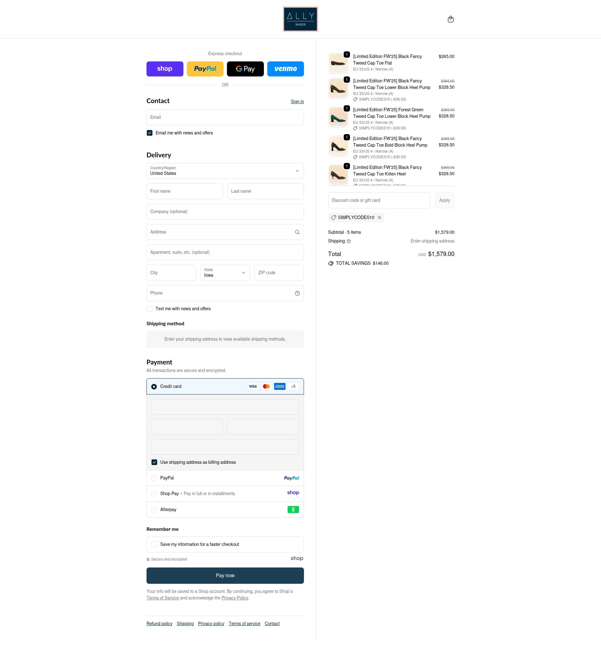 Ally Shoes checkout page showing Ally Shoes discount code box | Screenshot taken by SimplyCodes community member on Dec 11, 2025