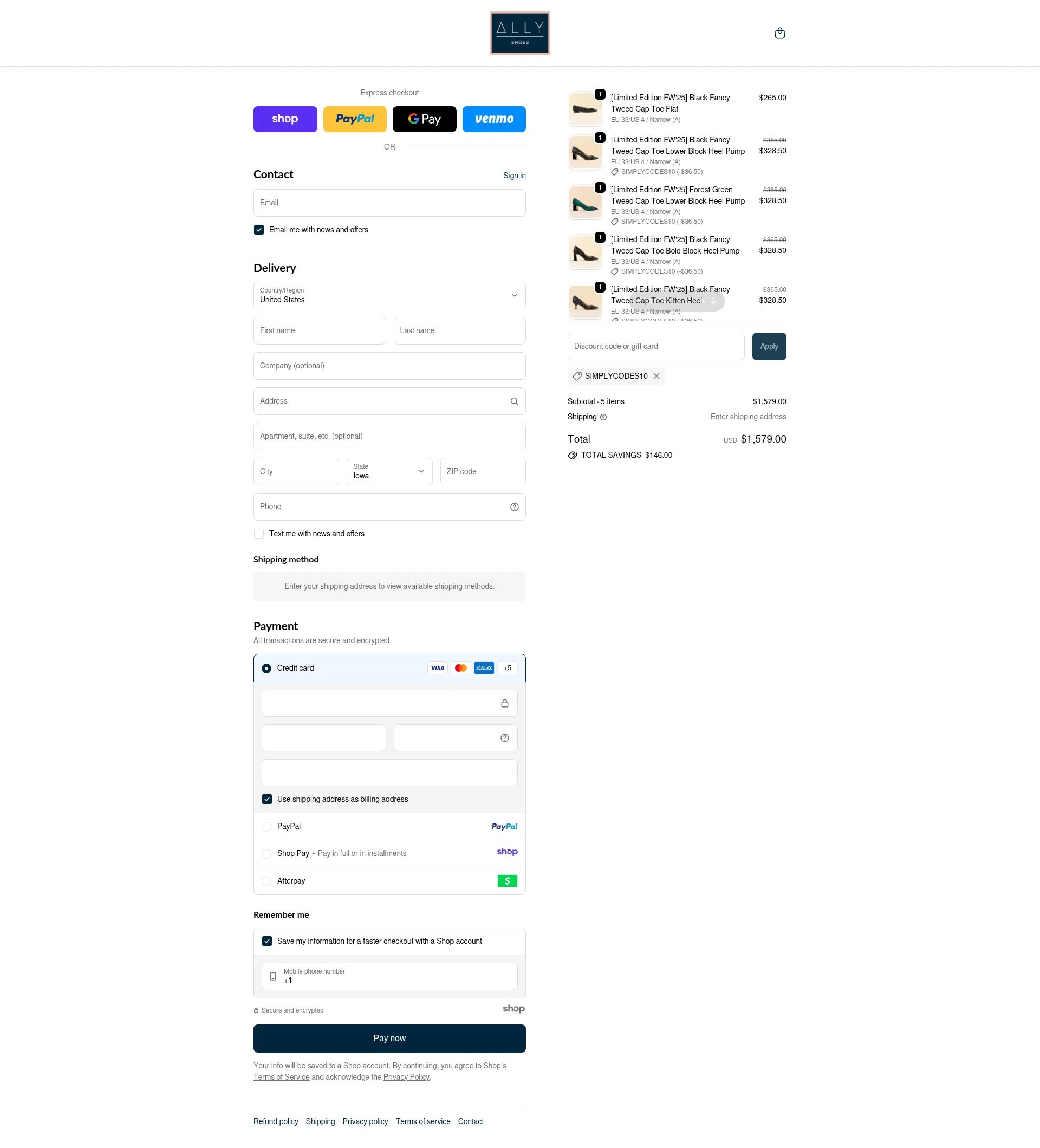 Ally Shoes checkout page showing Ally Shoes discount code box | Screenshot taken by SimplyCodes community member on Nov 20, 2025
