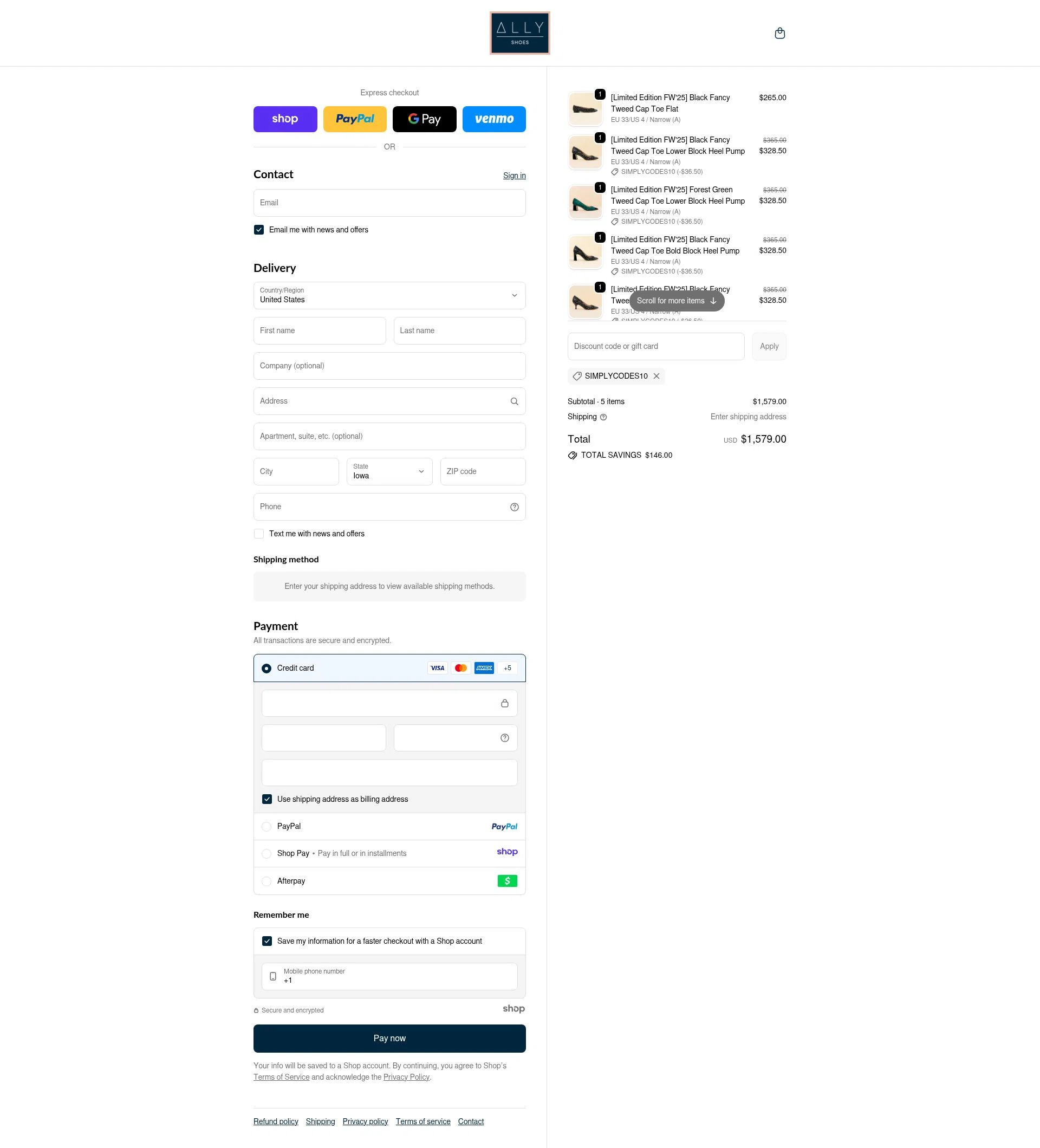 Ally Shoes checkout page showing Ally Shoes discount code box | Screenshot taken by SimplyCodes community member on Nov 30, 2025