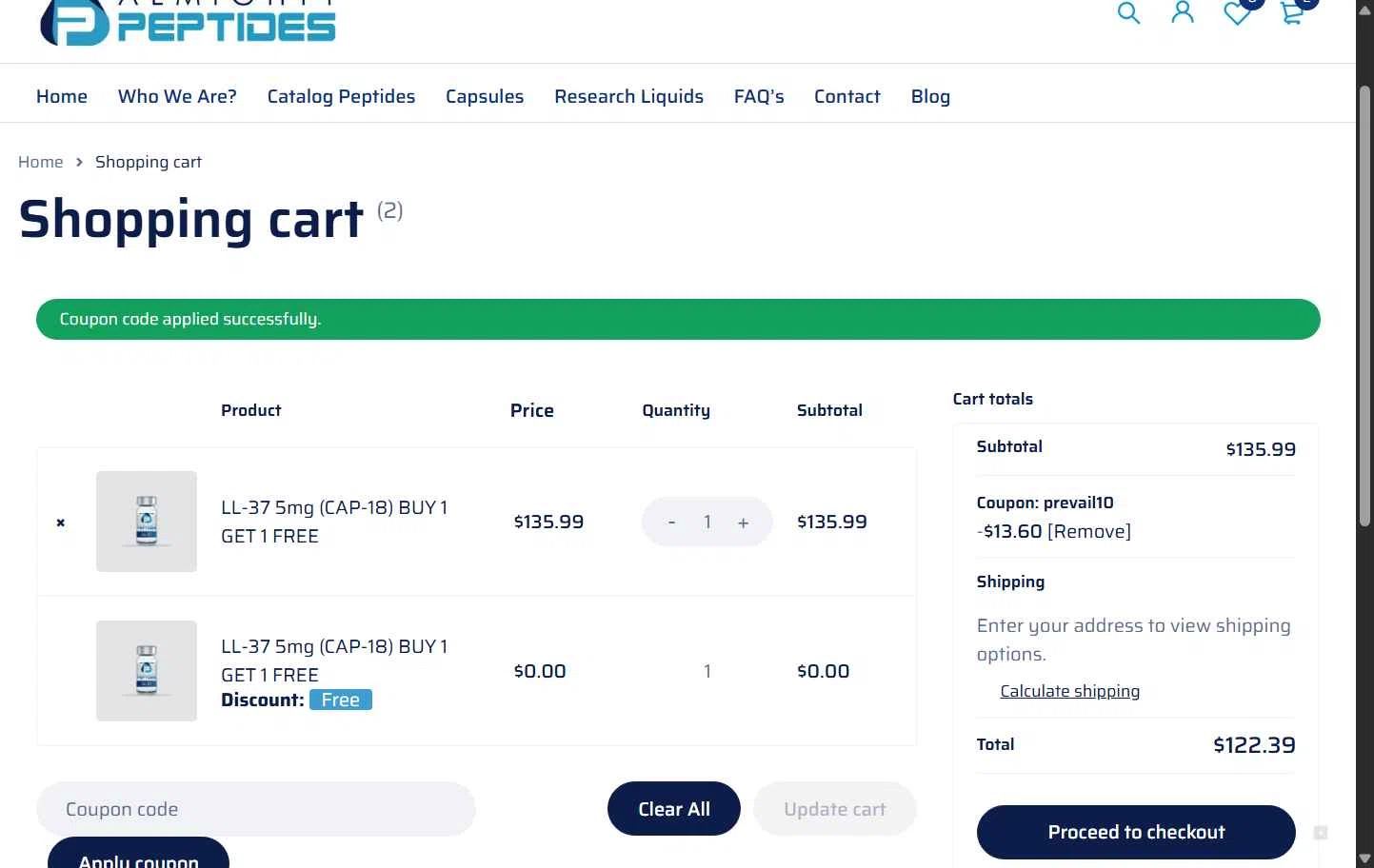 Almighty Peptides checkout page showing Almighty Peptides coupon code box | Screenshot taken by SimplyCodes community member on Dec 26, 2025
