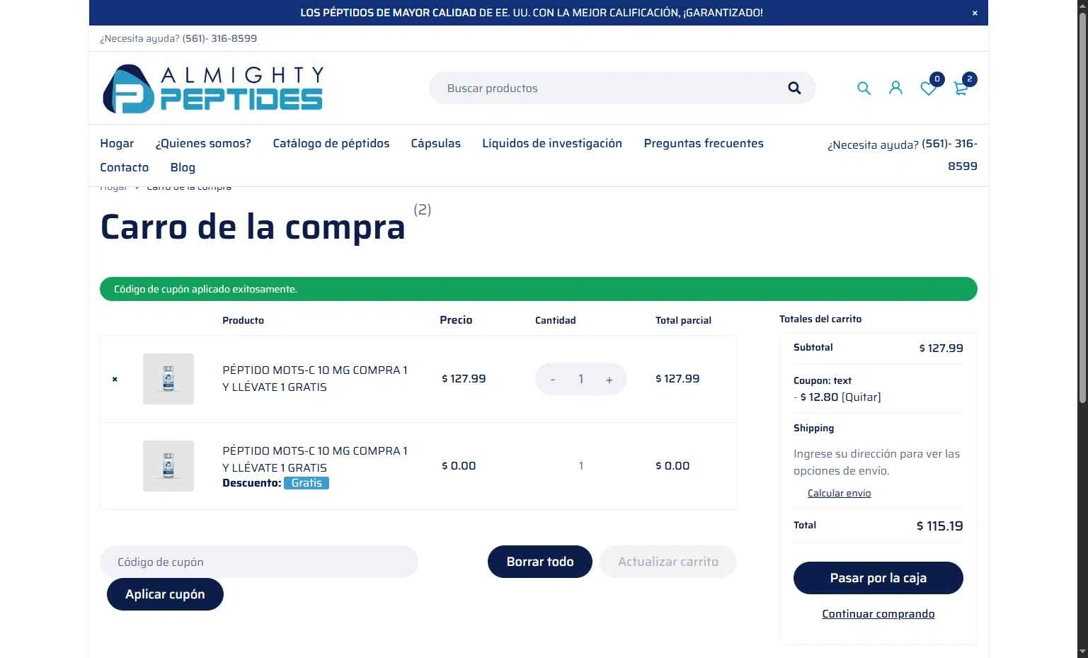 Almighty Peptides checkout page showing Almighty Peptides coupon code box | Screenshot taken by SimplyCodes community member on Feb 8, 2026