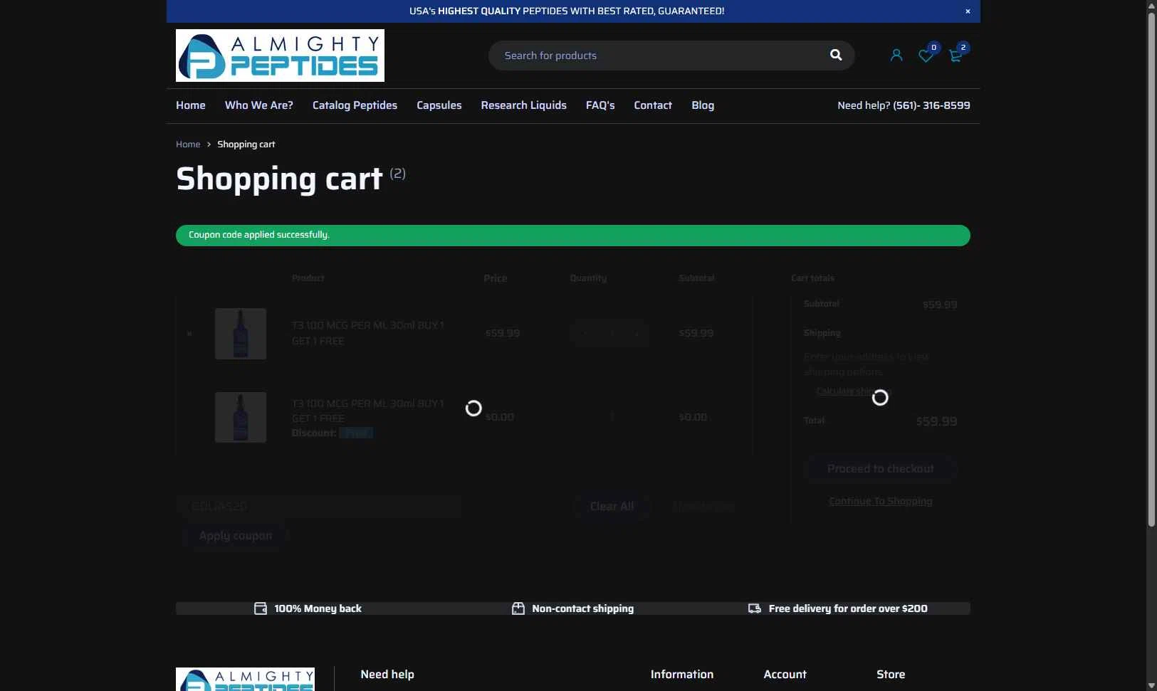 Almighty Peptides checkout page showing Almighty Peptides coupon code box | Screenshot taken by SimplyCodes community member on Dec 13, 2025