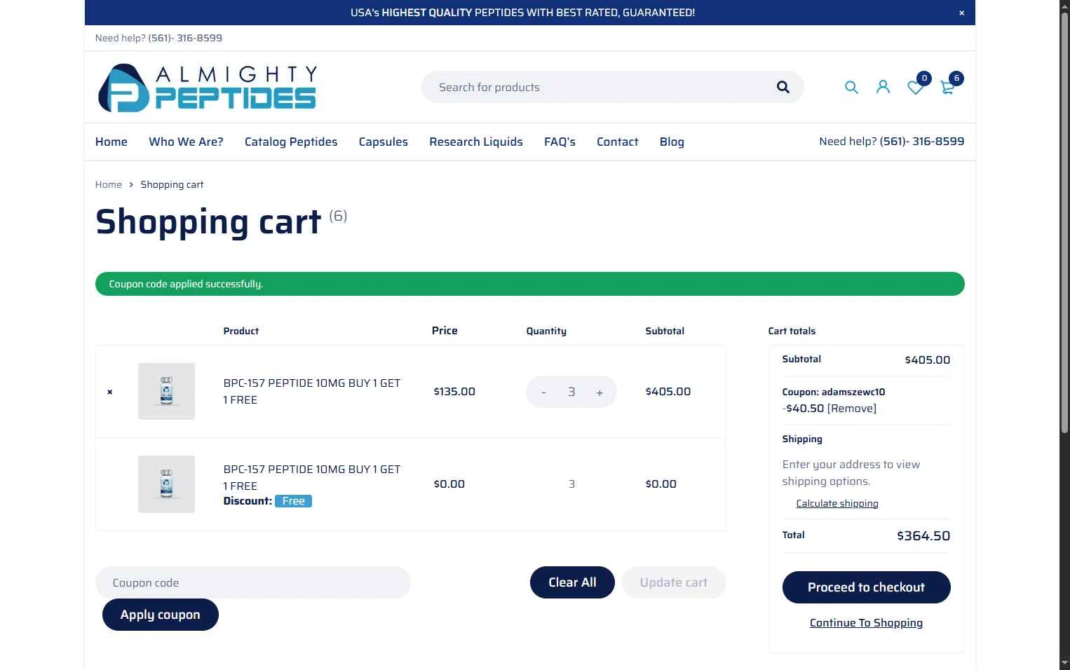 Almighty Peptides checkout page showing Almighty Peptides coupon code box | Screenshot taken by SimplyCodes community member on Feb 8, 2026