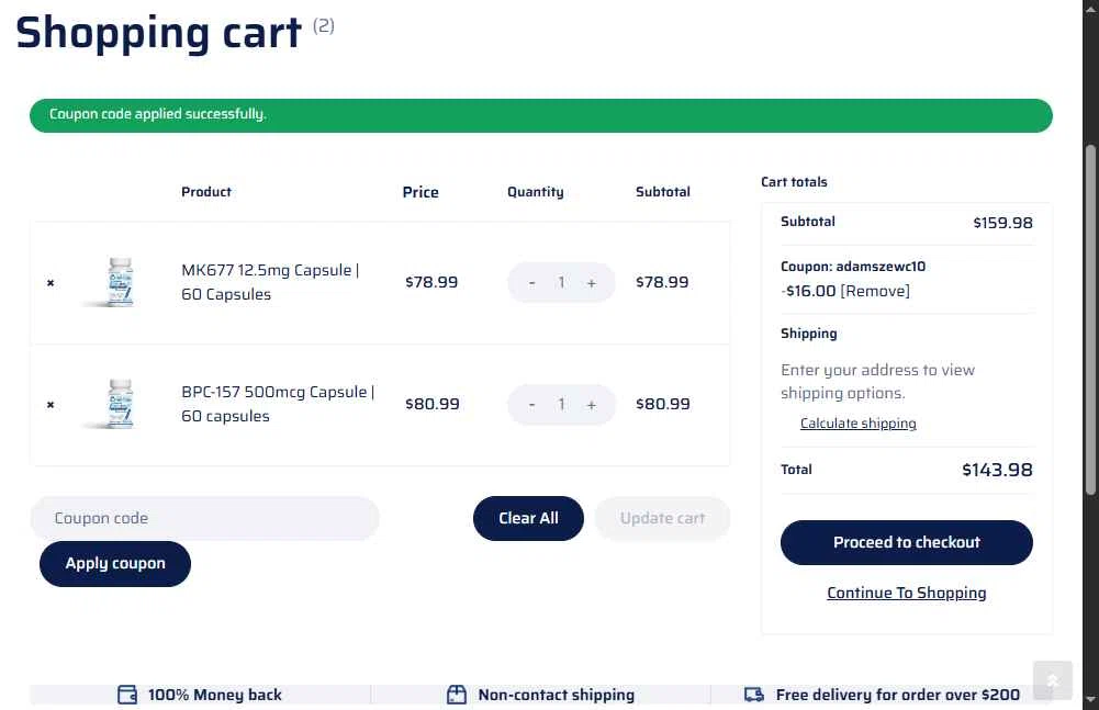 Almighty Peptides checkout page showing Almighty Peptides coupon code box | Screenshot taken by SimplyCodes community member on Jan 10, 2026