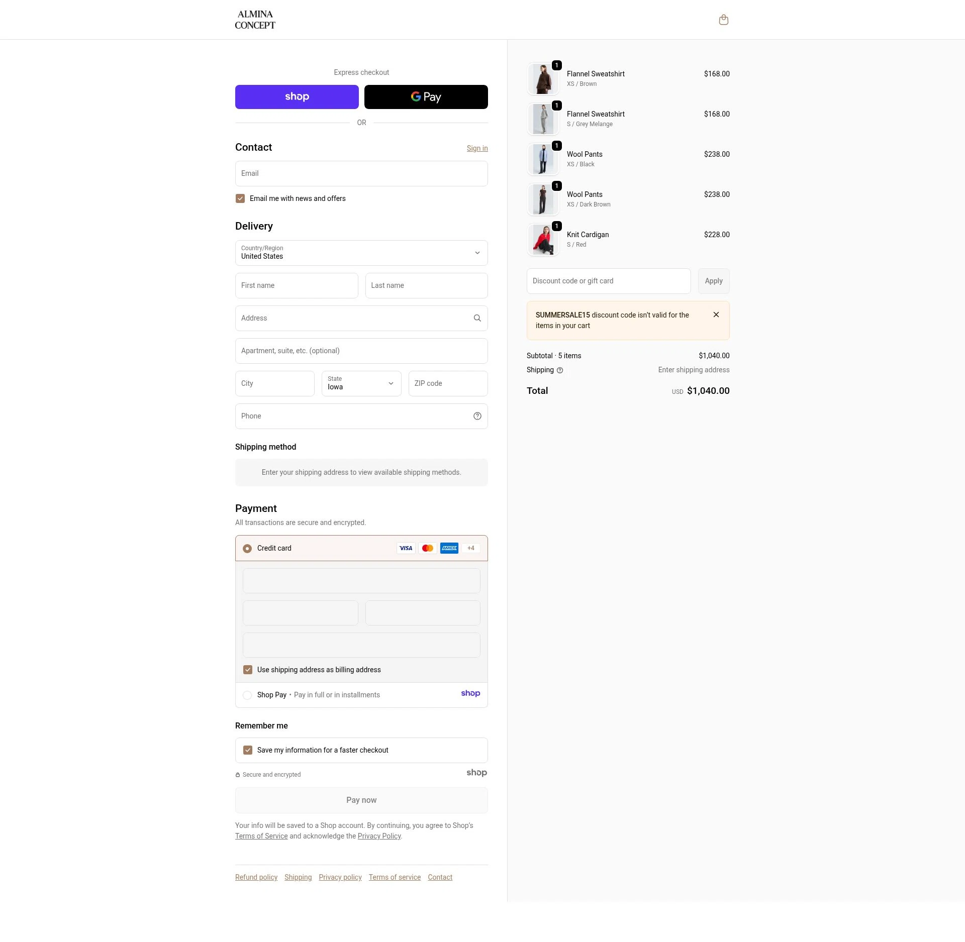 Almina Concept checkout page showing Almina Concept discount code box | Screenshot taken by SimplyCodes community member on Dec 24, 2025