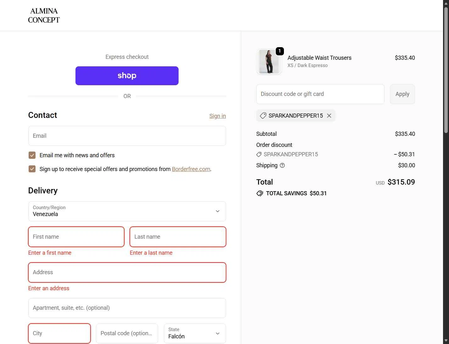 Almina Concept checkout page showing Almina Concept discount code box | Screenshot taken by SimplyCodes community member on Dec 29, 2025