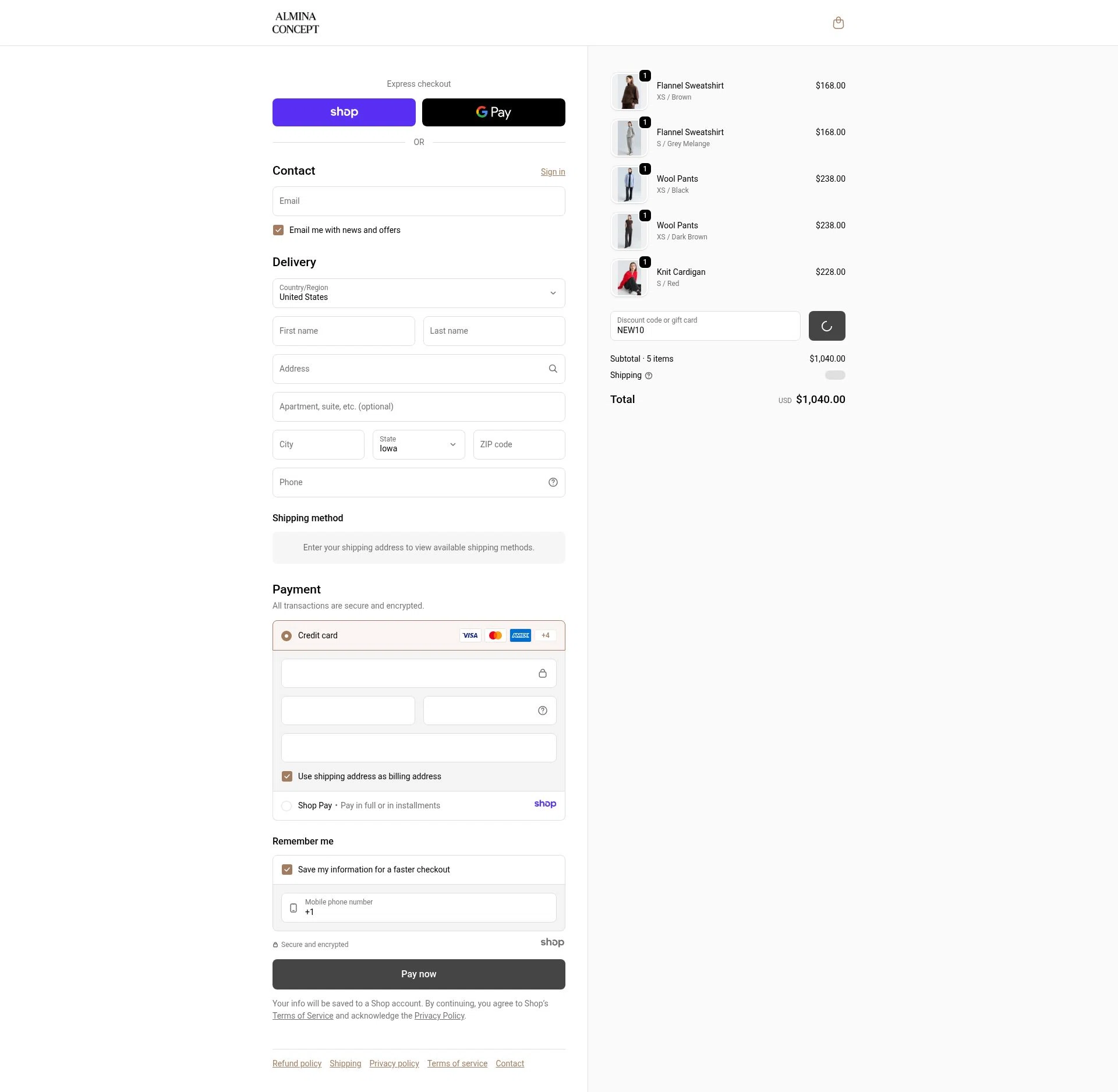 Almina Concept checkout page showing Almina Concept discount code box | Screenshot taken by SimplyCodes community member on Dec 24, 2025