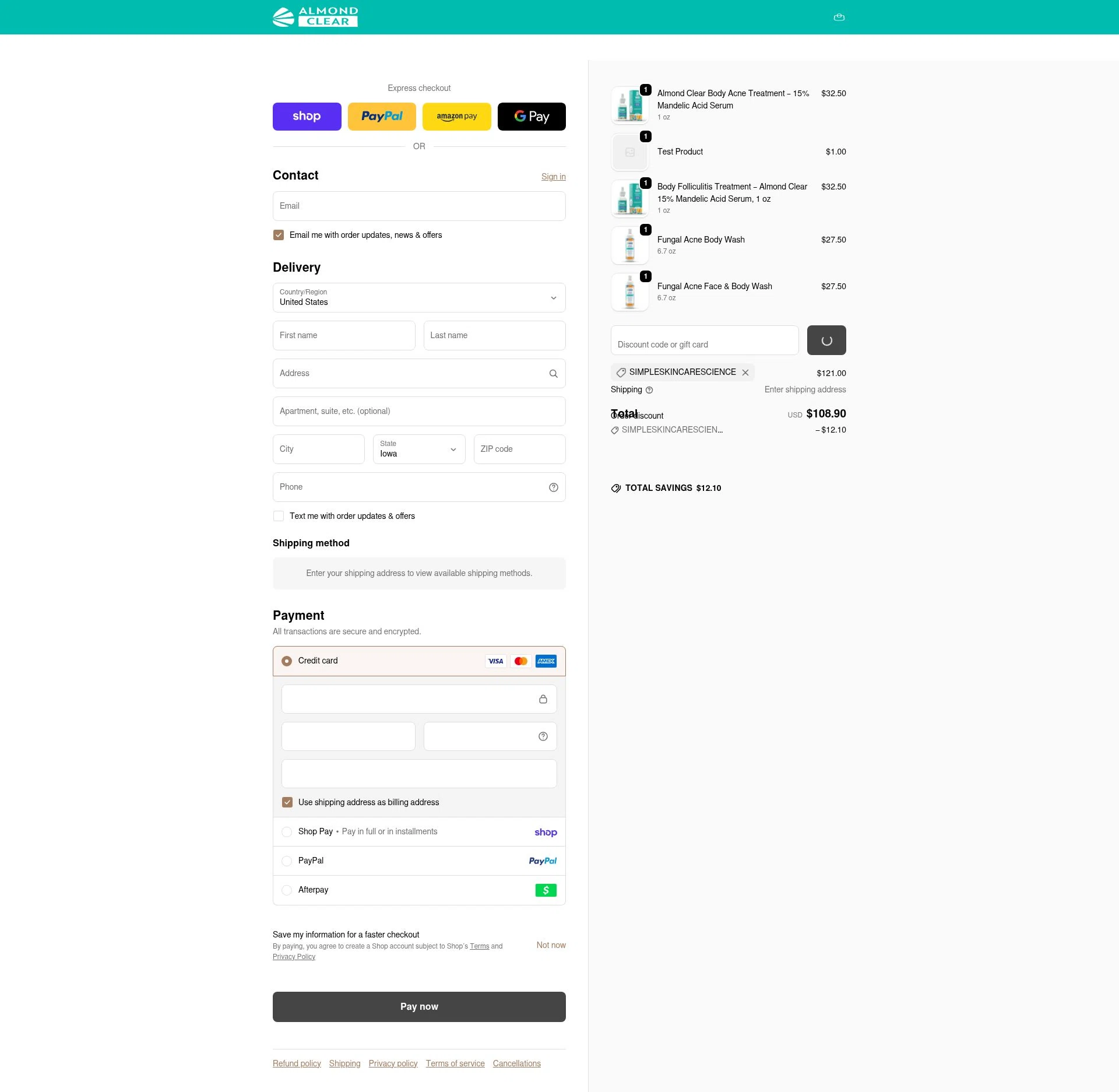 Almond Clear checkout page showing Almond Clear discount code box | Screenshot taken by SimplyCodes community member on Feb 17, 2026