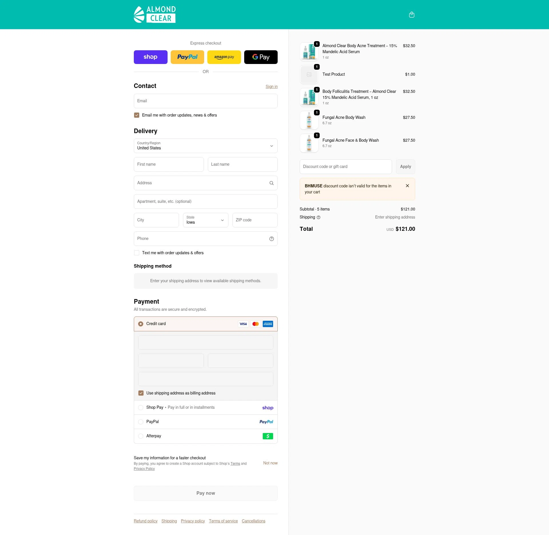 Almond Clear checkout page showing Almond Clear discount code box | Screenshot taken by SimplyCodes community member on Feb 17, 2026