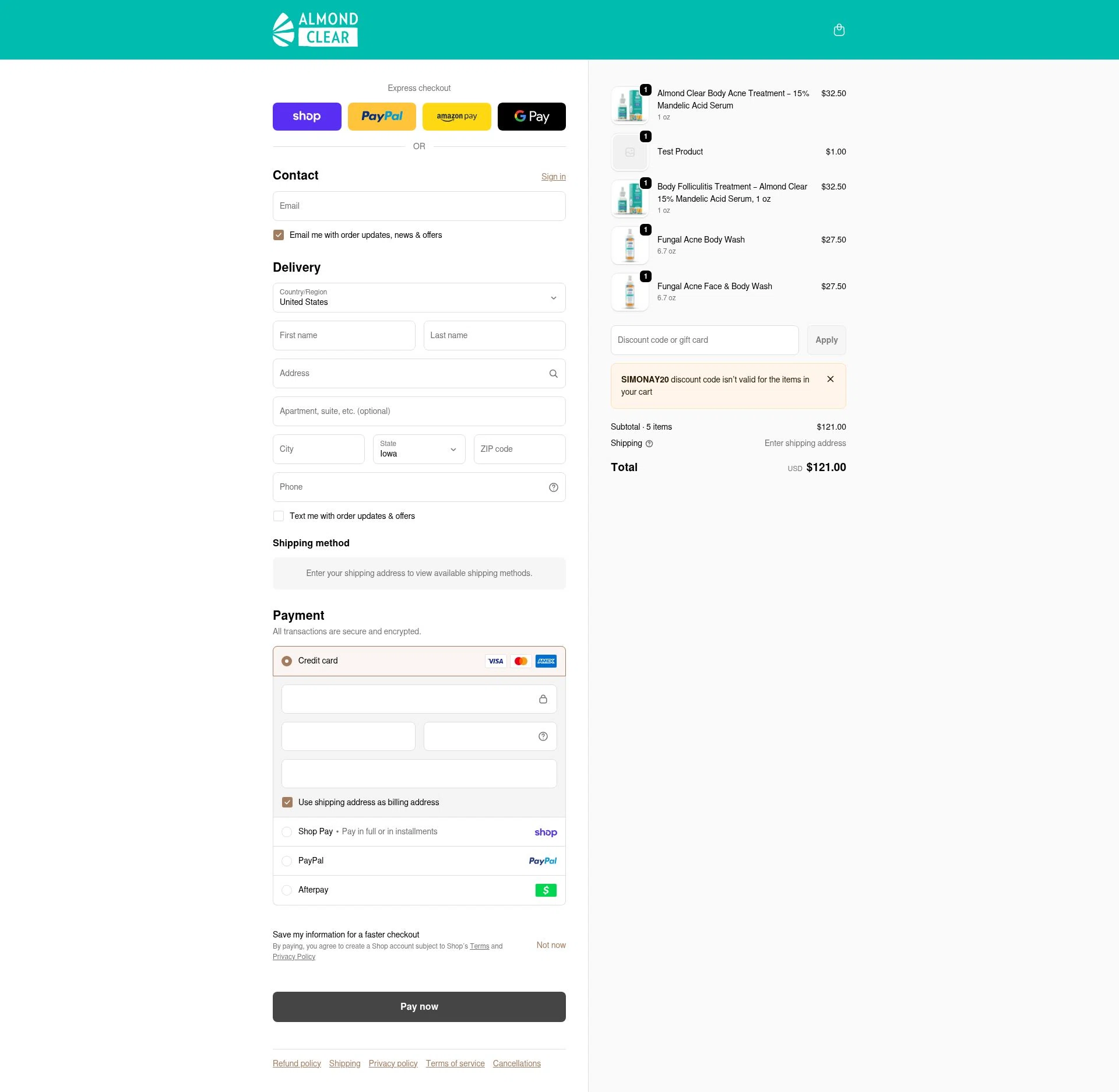 Almond Clear checkout page showing Almond Clear discount code box | Screenshot taken by SimplyCodes community member on Feb 17, 2026