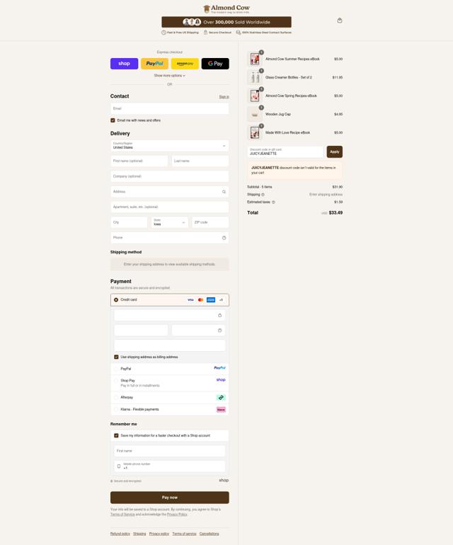 Almond Cow checkout page showing Almond Cow discount code box | Screenshot taken by SimplyCodes community member on Sep 15, 2025