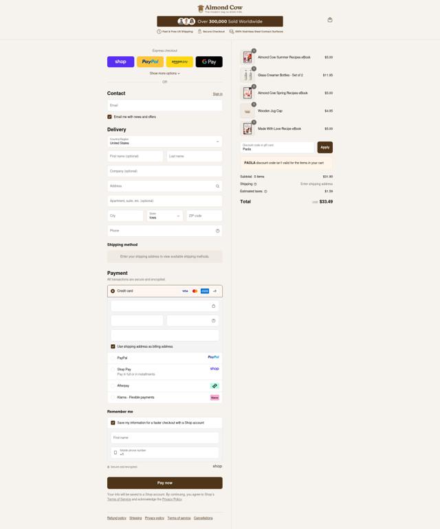 Almond Cow checkout page showing Almond Cow discount code box | Screenshot taken by SimplyCodes community member on Sep 15, 2025