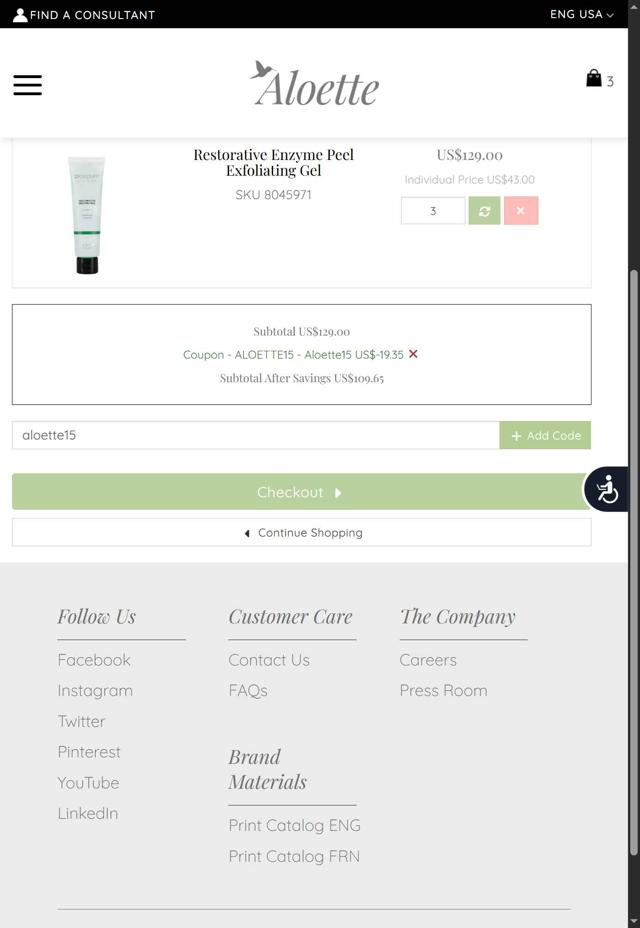 Aloette checkout page showing Aloette promo code box | Screenshot taken by SimplyCodes community member on Aug 13, 2025