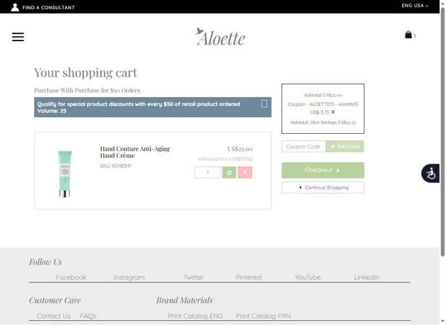 Aloette checkout page showing Aloette promo code box | Screenshot taken by SimplyCodes community member on Jul 15, 2025