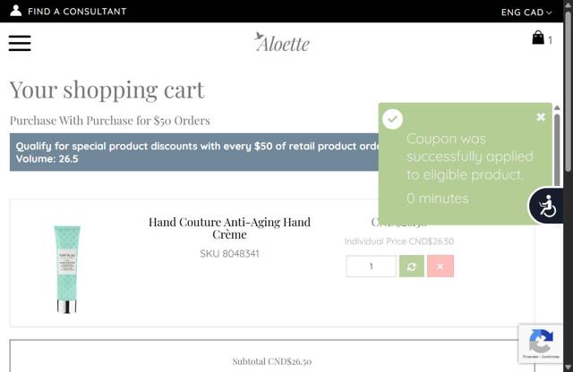 Aloette checkout page showing Aloette promo code box | Screenshot taken by SimplyCodes community member on Sep 14, 2025