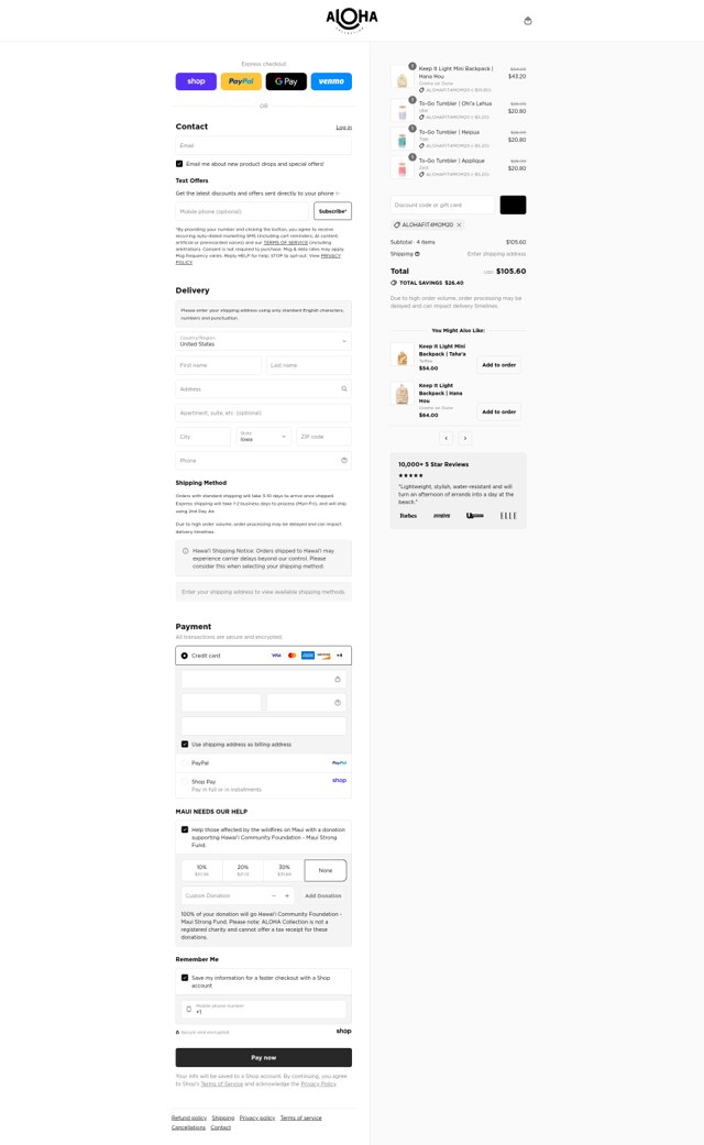 ALOHA Collection checkout page showing ALOHA Collection discount code box | Screenshot taken by SimplyCodes community member on Aug 29, 2025