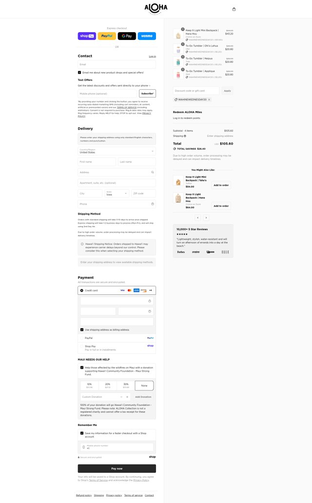 ALOHA Collection checkout page showing ALOHA Collection discount code box | Screenshot taken by SimplyCodes community member on Aug 27, 2025