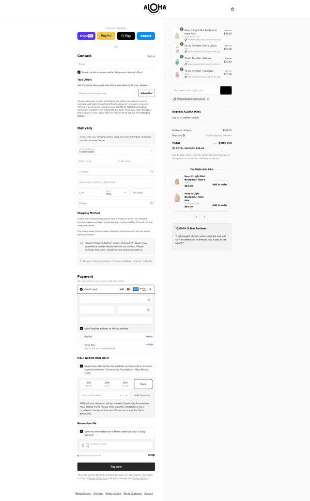 ALOHA Collection checkout page showing ALOHA Collection discount code box | Screenshot taken by SimplyCodes community member on Aug 23, 2025