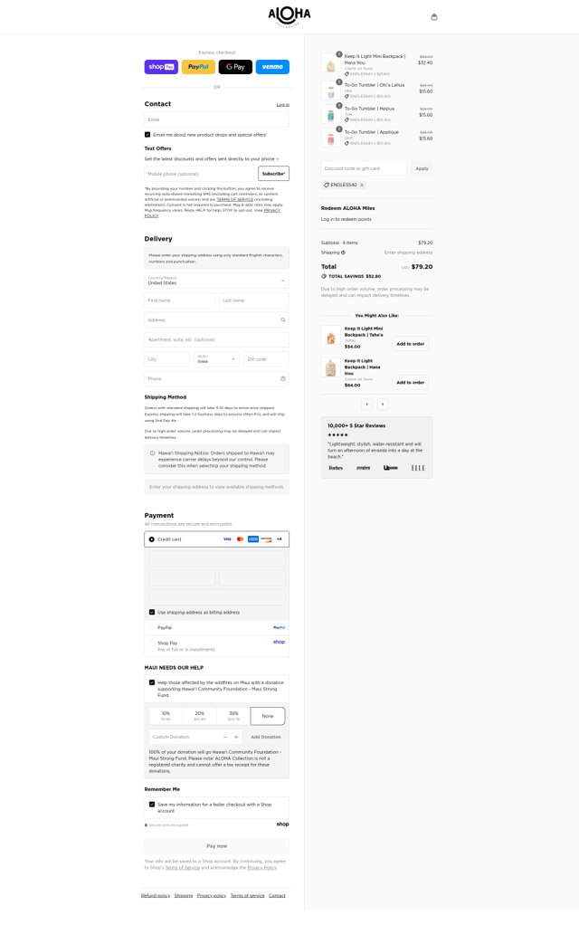 ALOHA Collection checkout page showing ALOHA Collection discount code box | Screenshot taken by SimplyCodes community member on Aug 23, 2025
