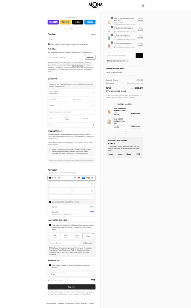 ALOHA Collection checkout page showing ALOHA Collection discount code box | Screenshot taken by SimplyCodes community member on Aug 26, 2025