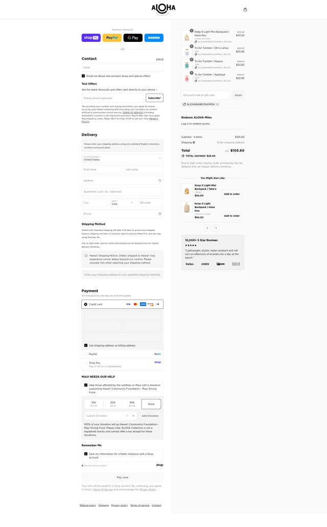 ALOHA Collection checkout page showing ALOHA Collection discount code box | Screenshot taken by SimplyCodes community member on Aug 23, 2025