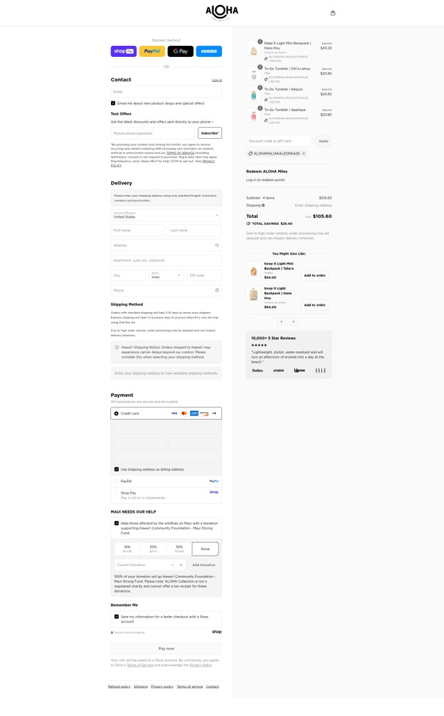 ALOHA Collection checkout page showing ALOHA Collection discount code box | Screenshot taken by SimplyCodes community member on Aug 26, 2025