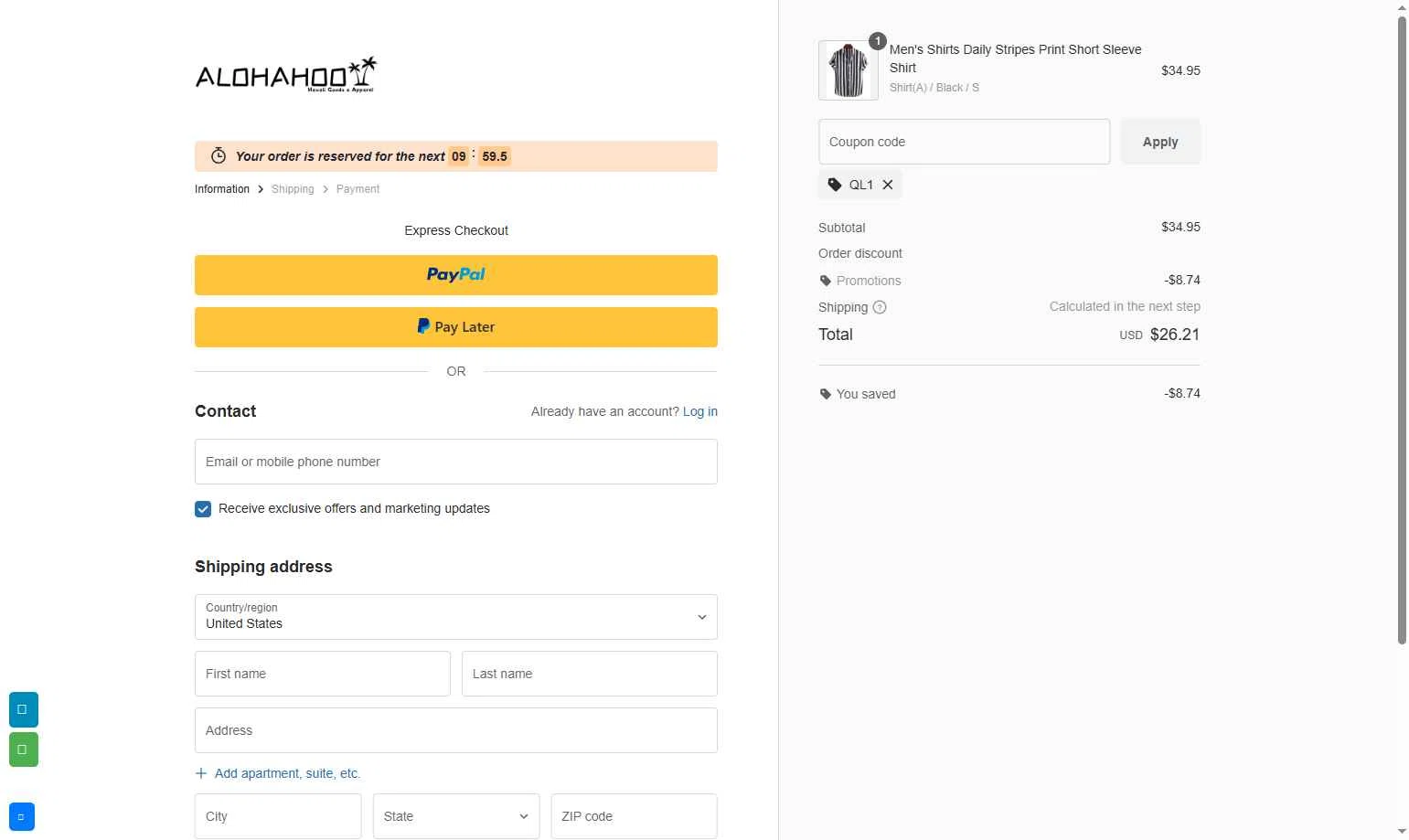 AlohaHoo checkout page showing AlohaHoo coupon code box | Screenshot taken by SimplyCodes community member on Sep 29, 2025