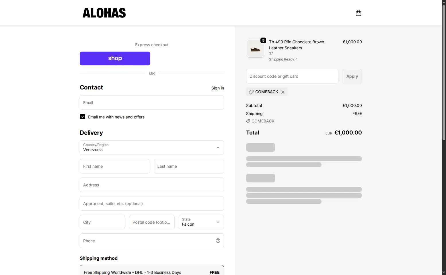 Alohas checkout page showing Alohas coupon code box | Screenshot taken by SimplyCodes community member on Dec 23, 2025