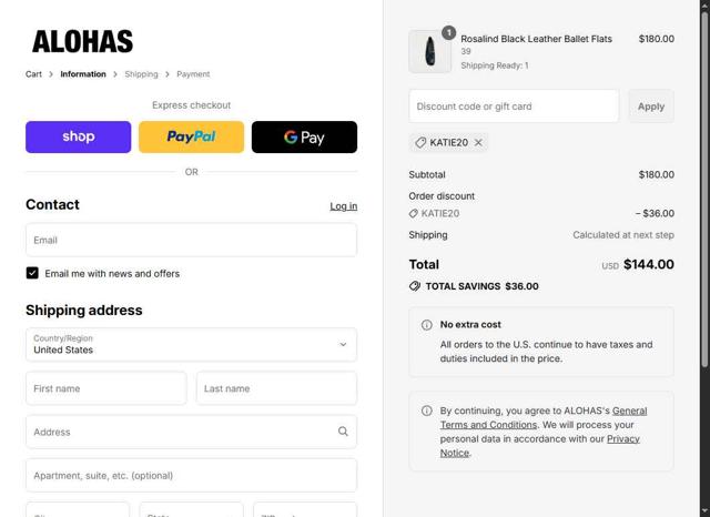 Alohas checkout page showing Alohas coupon code box | Screenshot taken by SimplyCodes community member on Sep 8, 2025