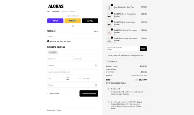 Alohas checkout page showing Alohas coupon code box | Screenshot taken by SimplyCodes community member on Sep 29, 2025